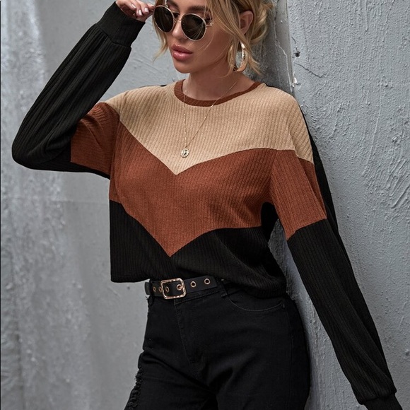 Tops - Ribbed colorblock long sleeve crop